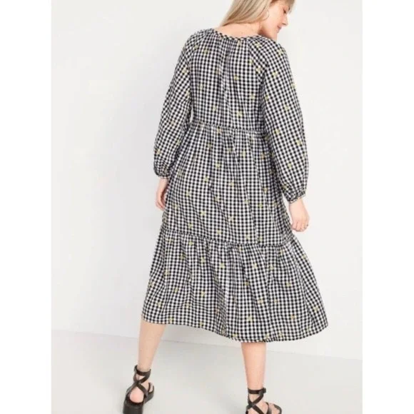 Old Navy Gingham Floral Embroidered Tiered Midi Dress Black White Yellow size XL - Picture 3 of 10